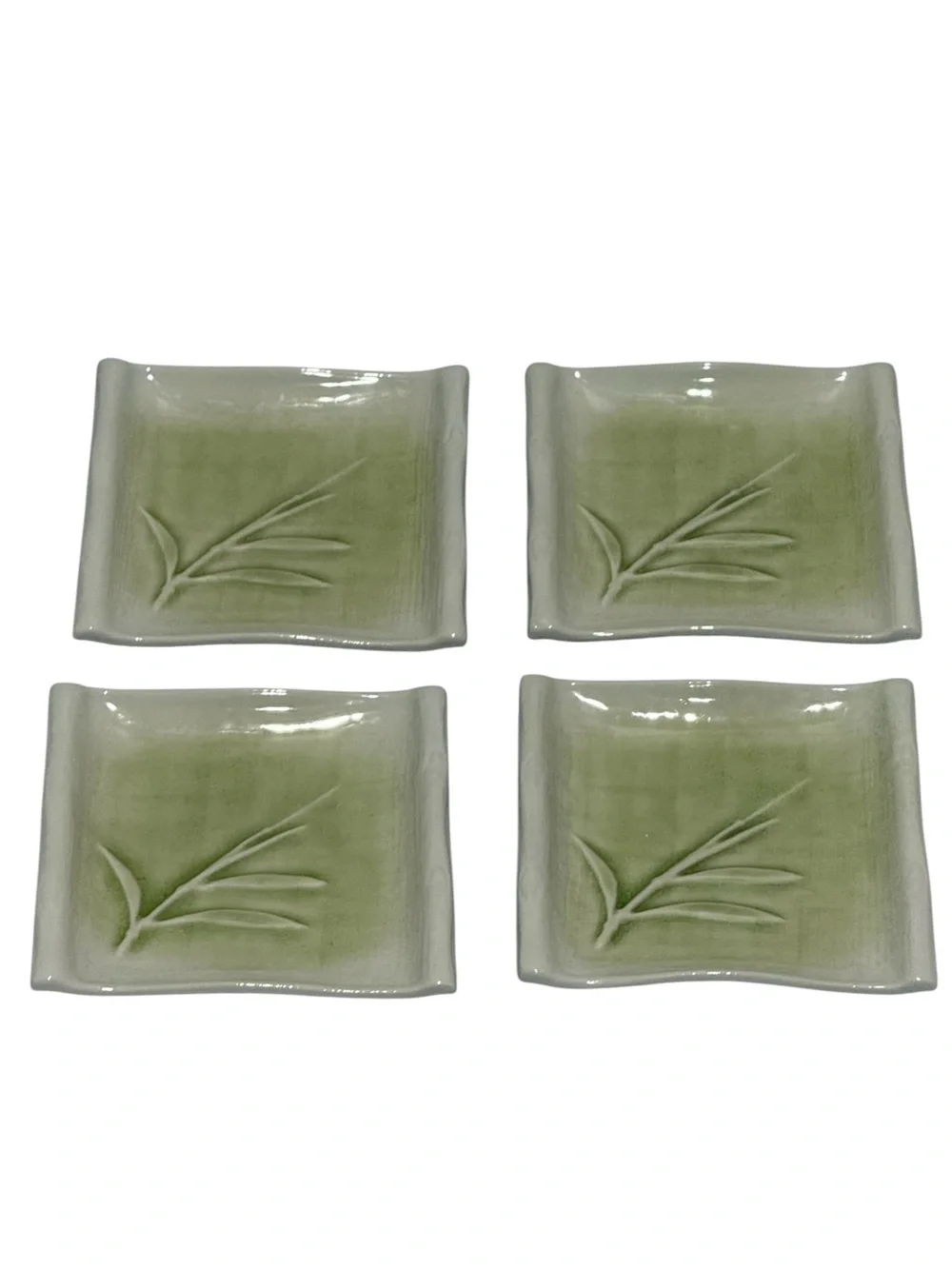 Vintage Crate and Barrel Kiri Green Bamboo Square Appetizer Plates Set of 4